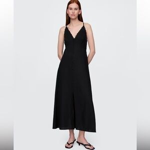 Gap NWT Linen Embroidered Halter Maxi Slip Dress Black, Size S